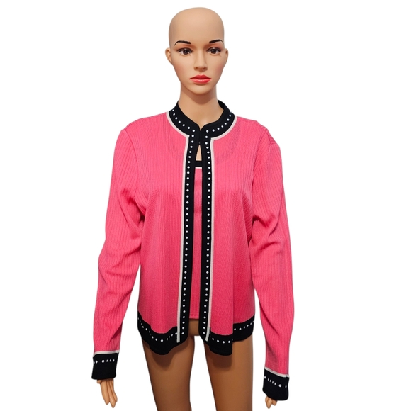 Ming Wang Sweaters - Ming Wang Two Piece Pink/Black Ribbed Knit Cardigan and Tank Dopamine Set M/L